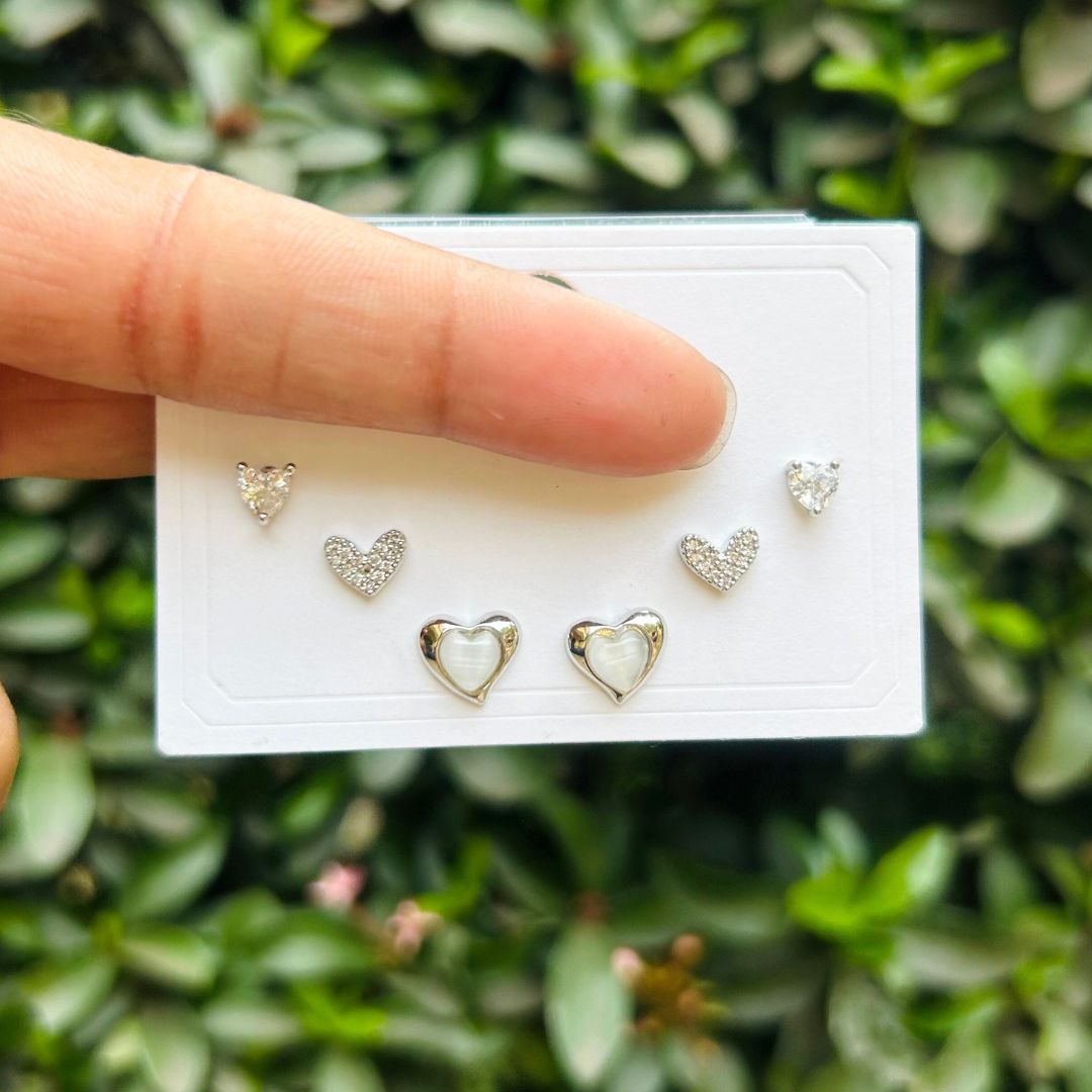 Set Of 3 Heart Silver Studs