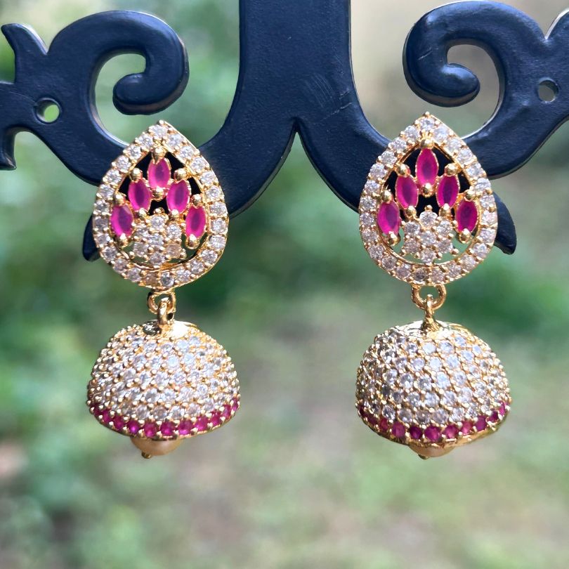 Leaf Pink American Diamond Jhumkis