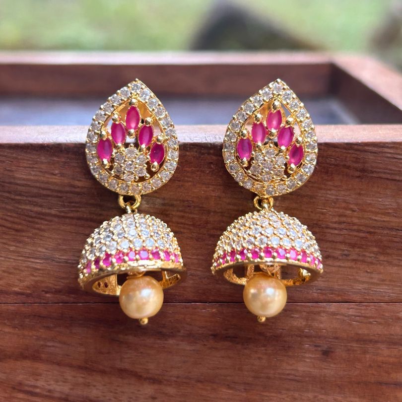 Leaf Pink American Diamond Jhumkis