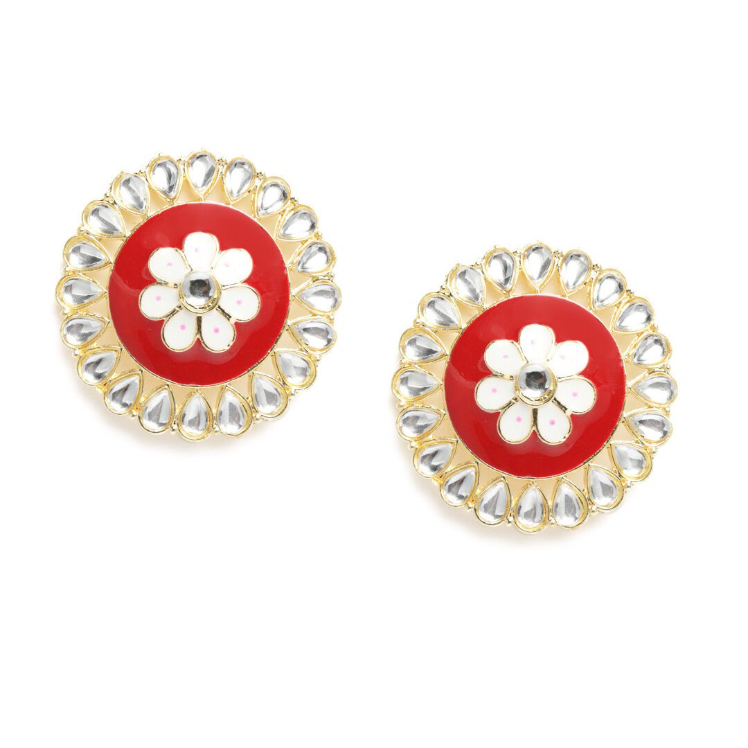 Maroon & Off-White Gold Plated Circular Floral Traditional Studs