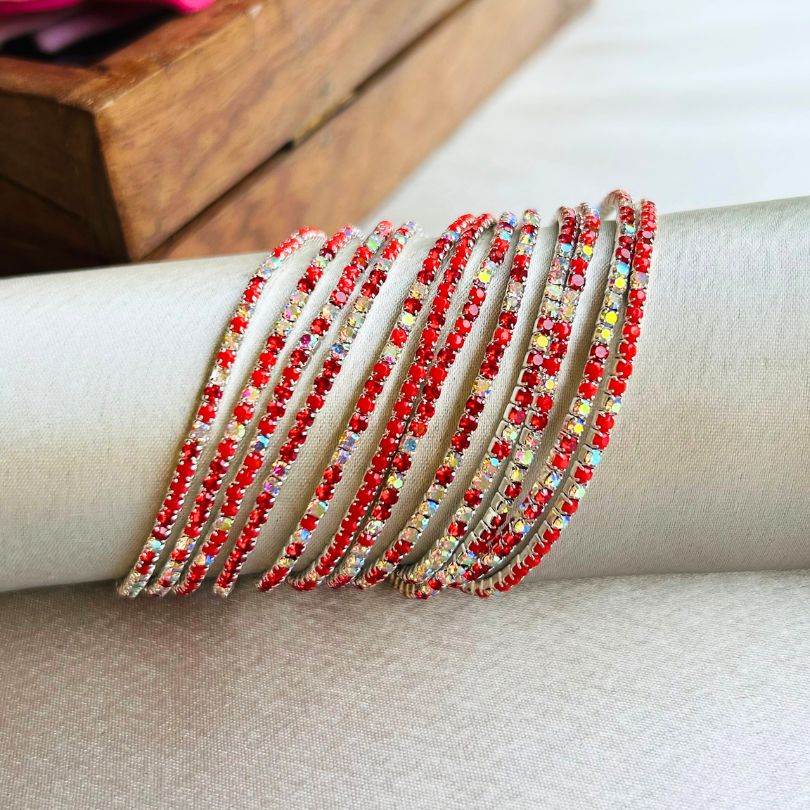 Stretchable Red Multi Silver Plated Bracelet- Pack Of 12
