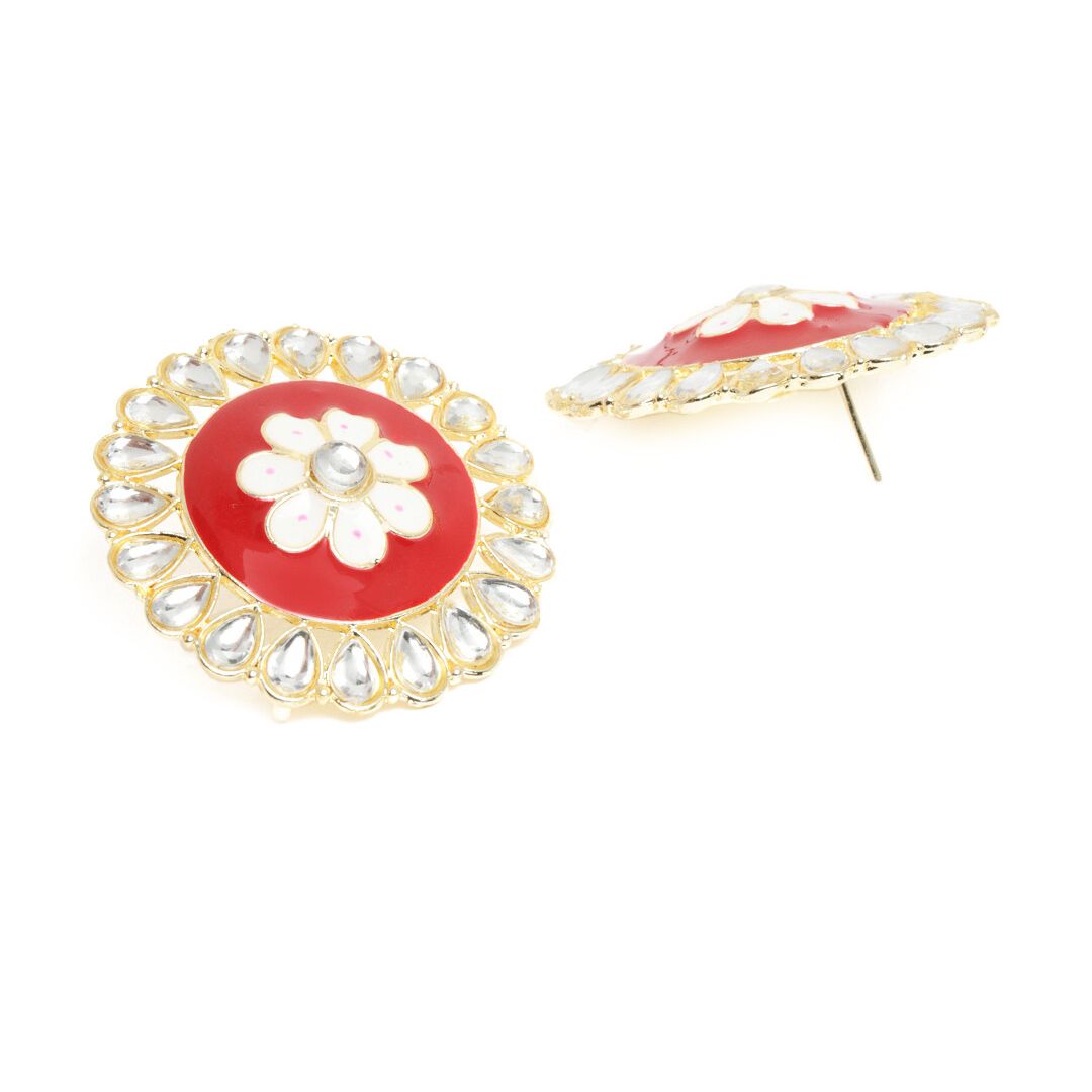 Maroon & Off-White Gold Plated Circular Floral Traditional Studs