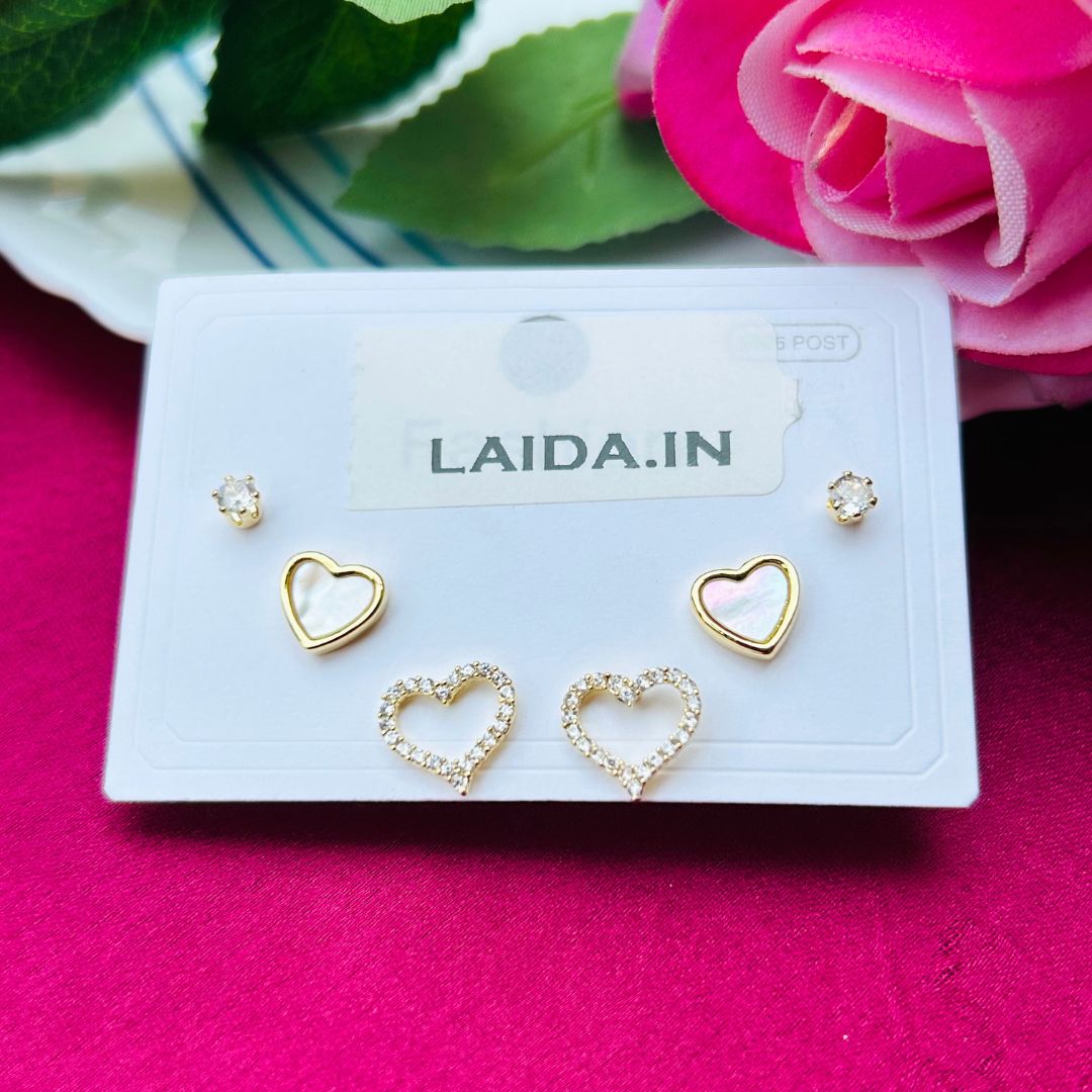 Set Of 3 Golden Heart Studs
