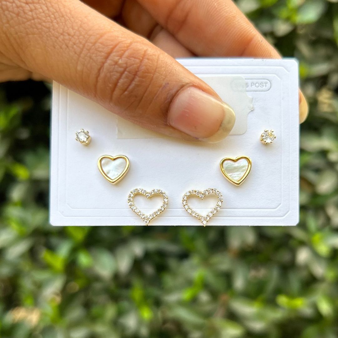 Set Of 3 Golden Heart Studs