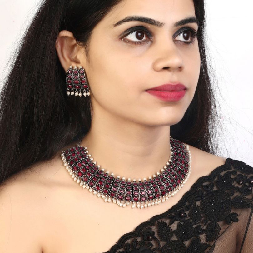 LAIDA Oxidized Silver-Plated Red & White Stone-Studded Jewellery Set