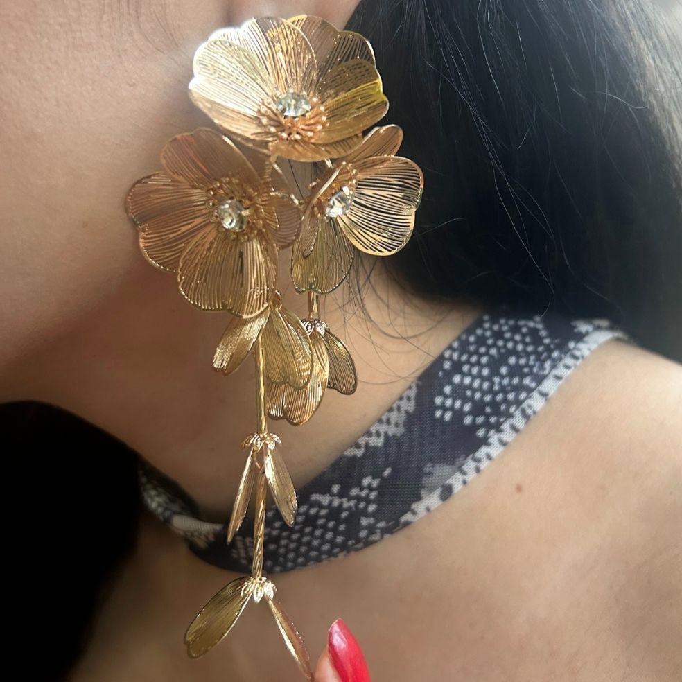 Agate Aged Gold Floral Statement Earrings