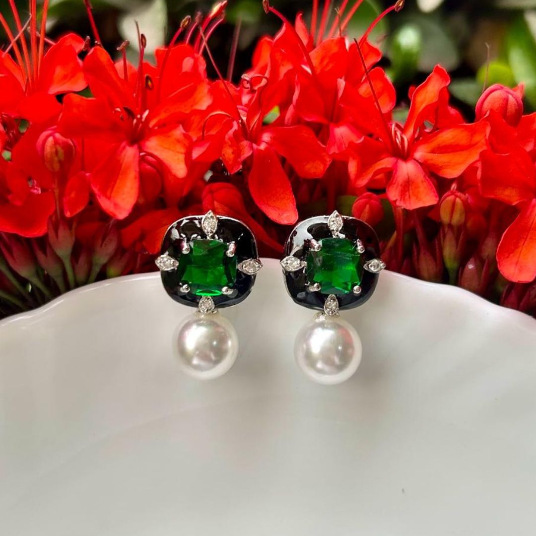 Glow Pearl CZ Green Stud Earrings
