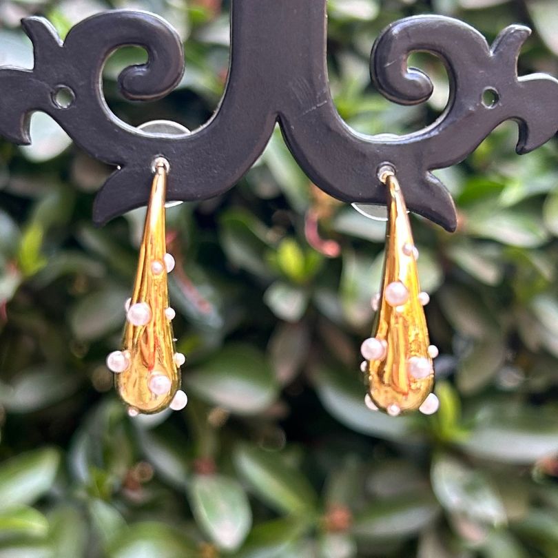 Metallic Pearl Studded Long Tear Drop Earrings