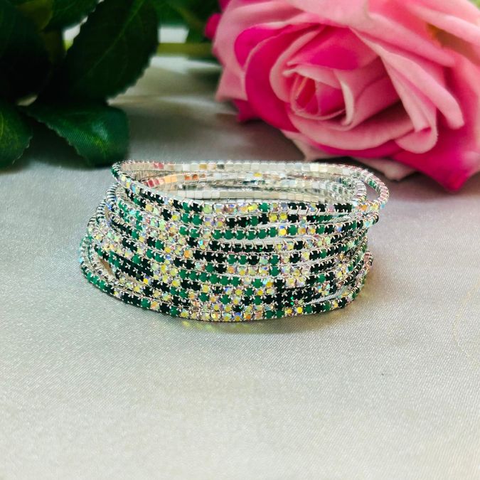 Stretchable Multi Green Silver - Plated Bracelet