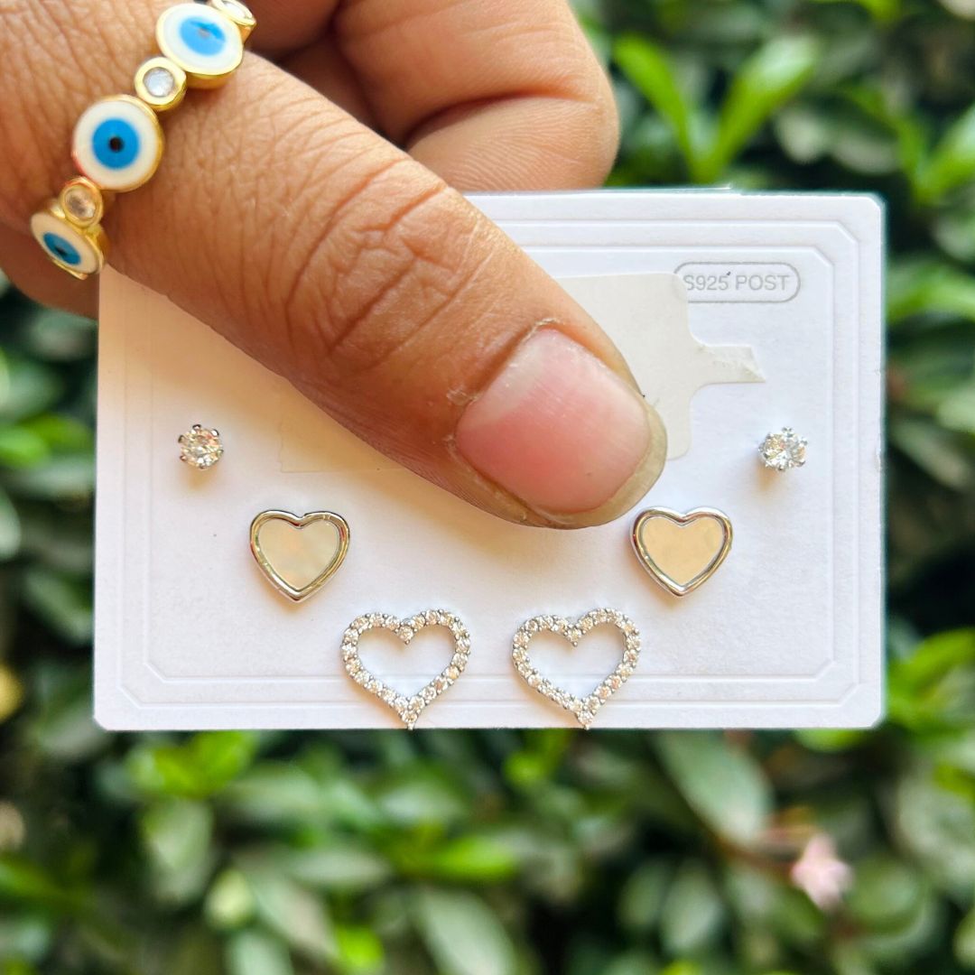 Set Of 3 Silver Heart Studs