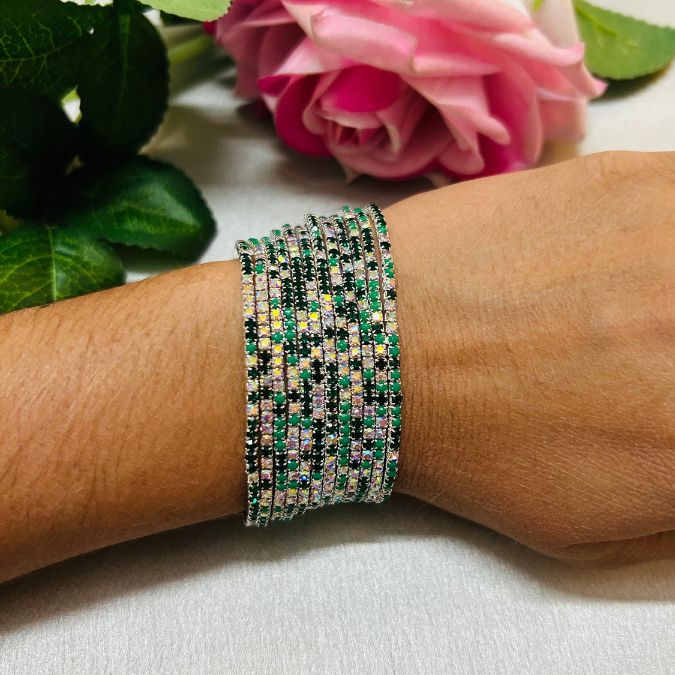 Stretchable Multi Green Silver - Plated Bracelet
