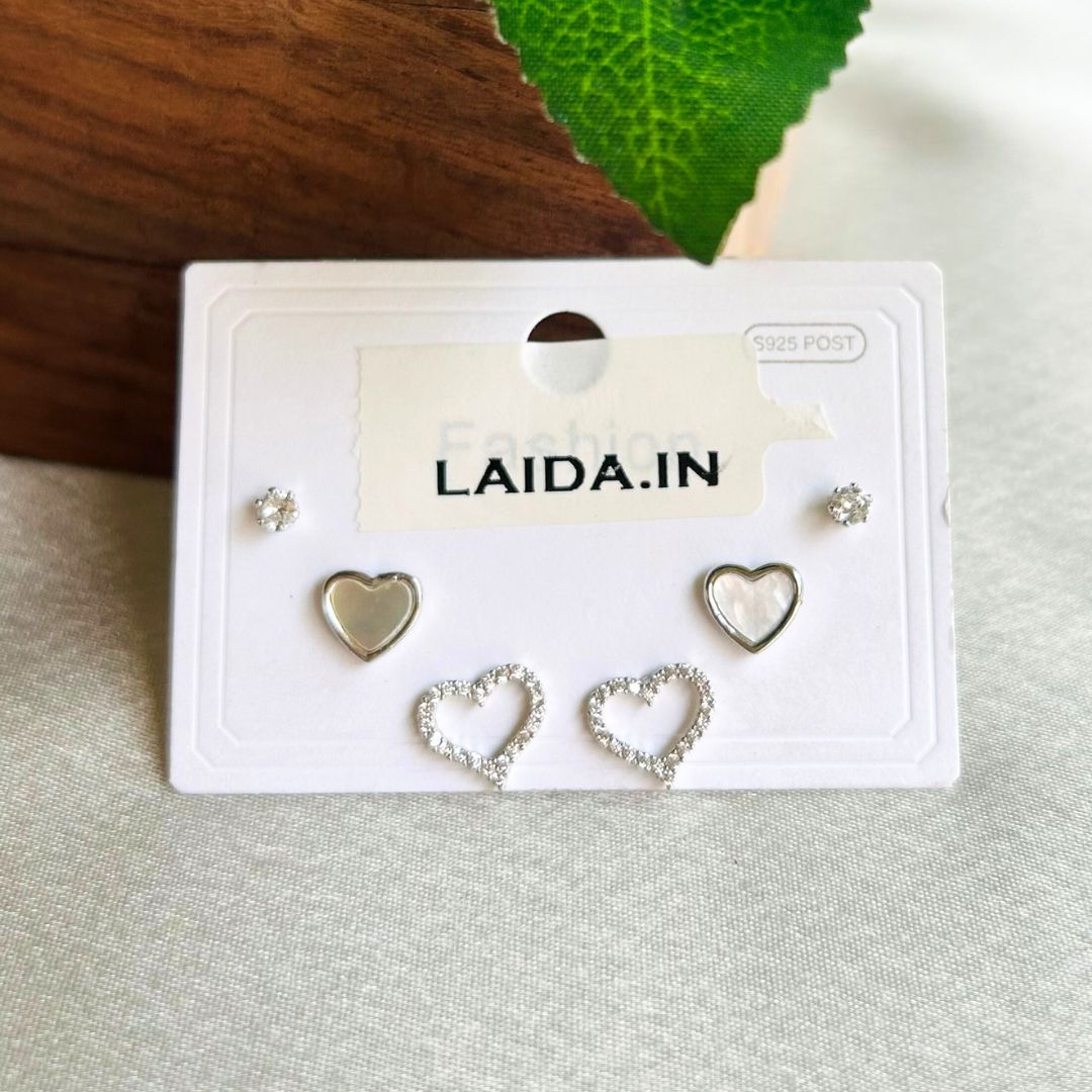Set Of 3 Silver Heart Studs