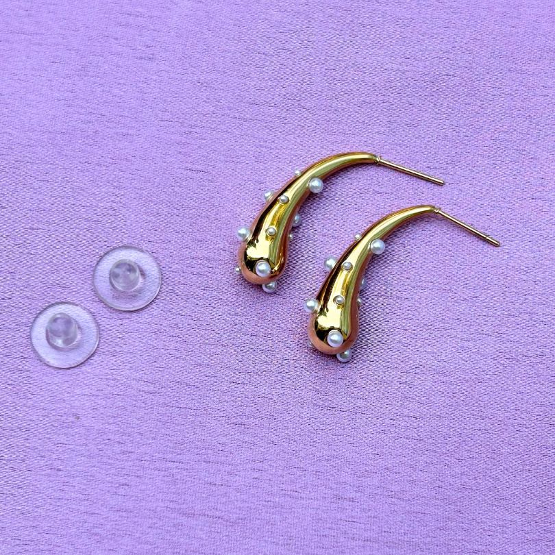 Metallic Pearl Studded Long Tear Drop Earrings