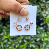 Set Of 3 Golden Floral Studs