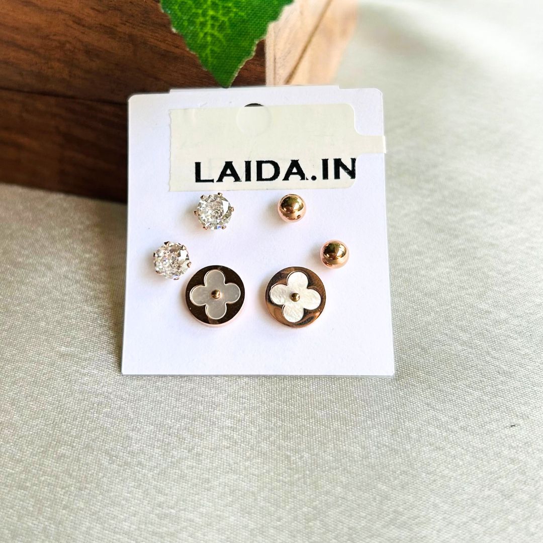 Set Of 3 Golden Floral Studs