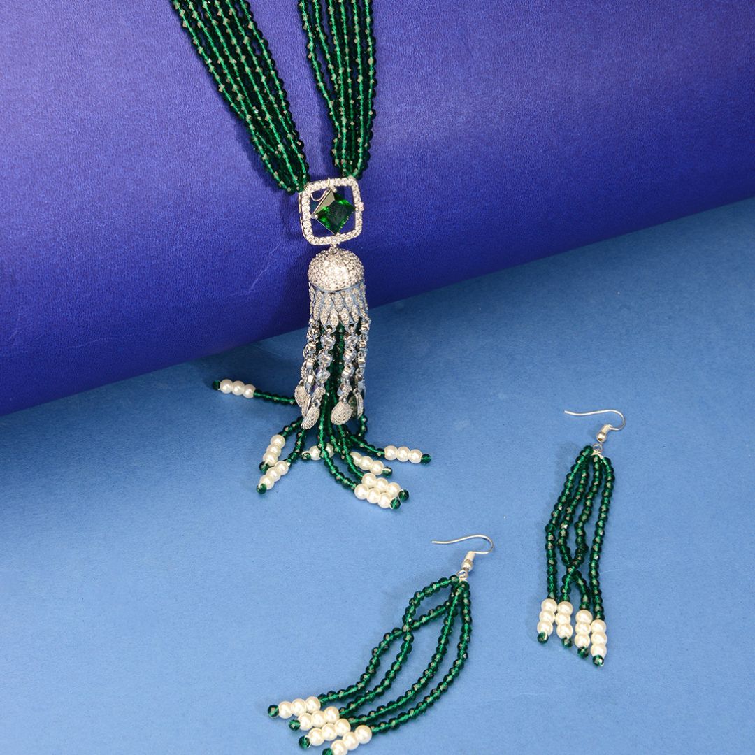 American Diamond Emerald Necklace with Earrings