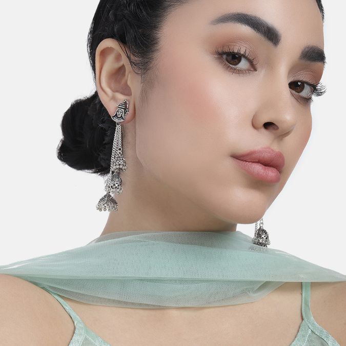 Silver-Plated Oxidised Classic Jhumkas Earrings