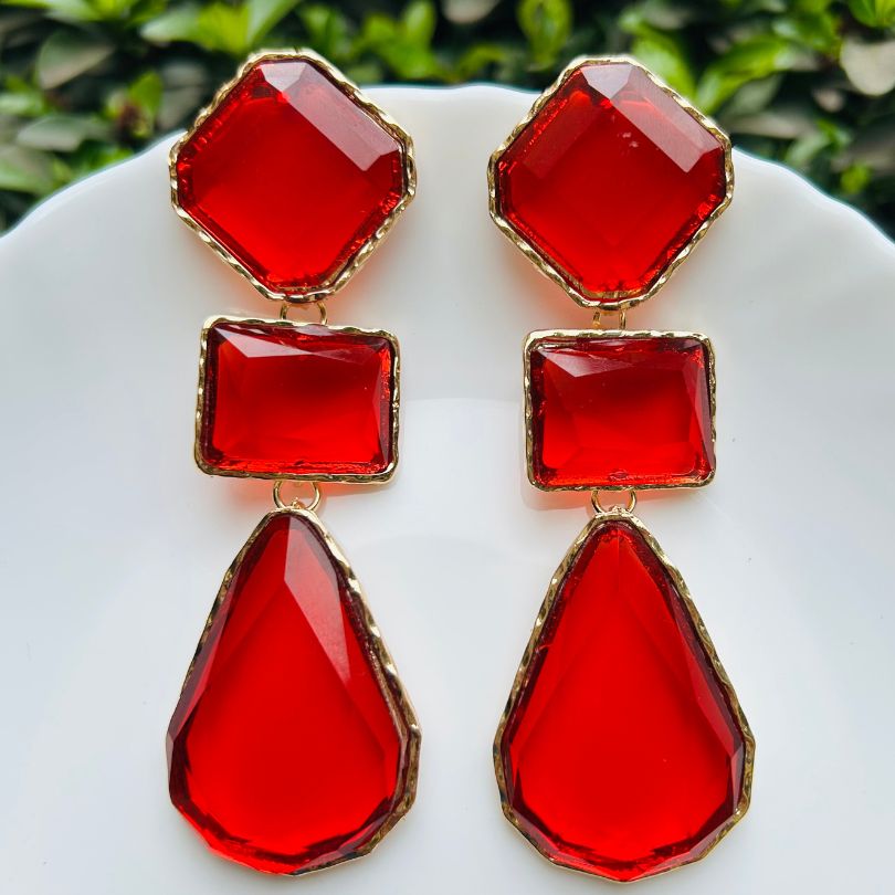 Maya Clear Crystal Maroon Statement Earrings