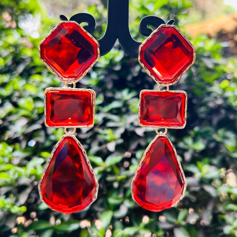 Maya Clear Crystal Maroon Statement Earrings