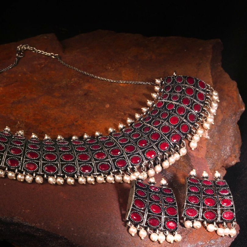 LAIDA Oxidized Silver-Plated Red & White Stone-Studded Jewellery Set
