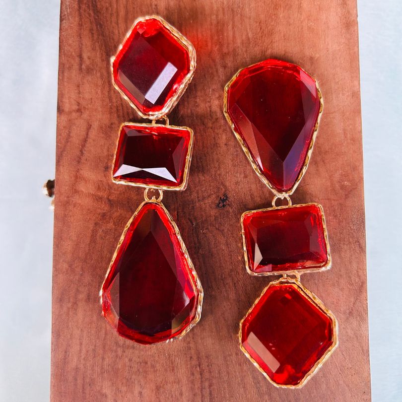 Maya Clear Crystal Maroon Statement Earrings