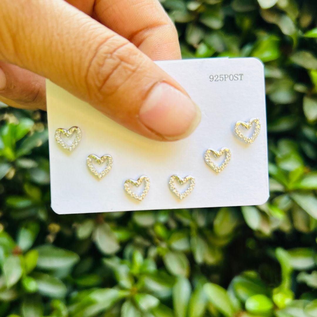 Set Of 3 Hollow Heart Silver Studs