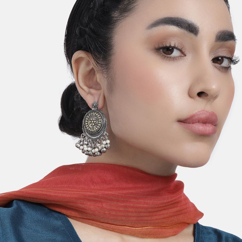 Silver-Plated Oxidised Pearl Circular Drop Earrings