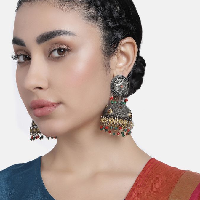 Silver-Plated Oxidised Dome Shaped Jhumkas Earrings