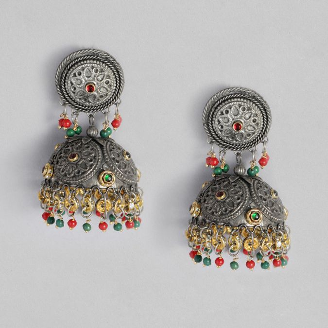 Silver-Plated Oxidised Dome Shaped Jhumkas Earrings