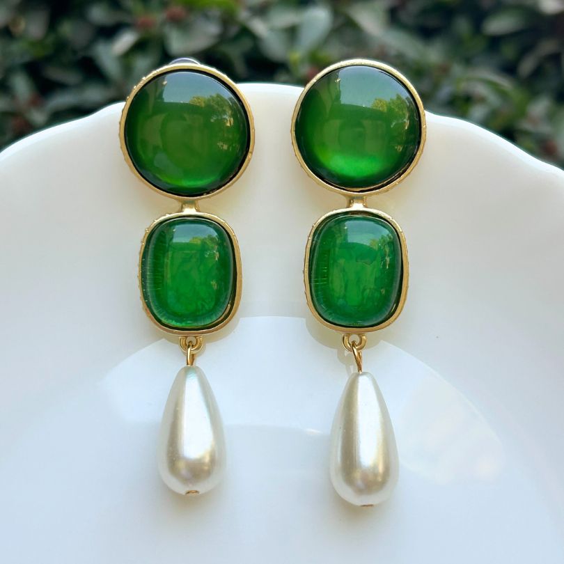 Round Square Green Layered Earrings