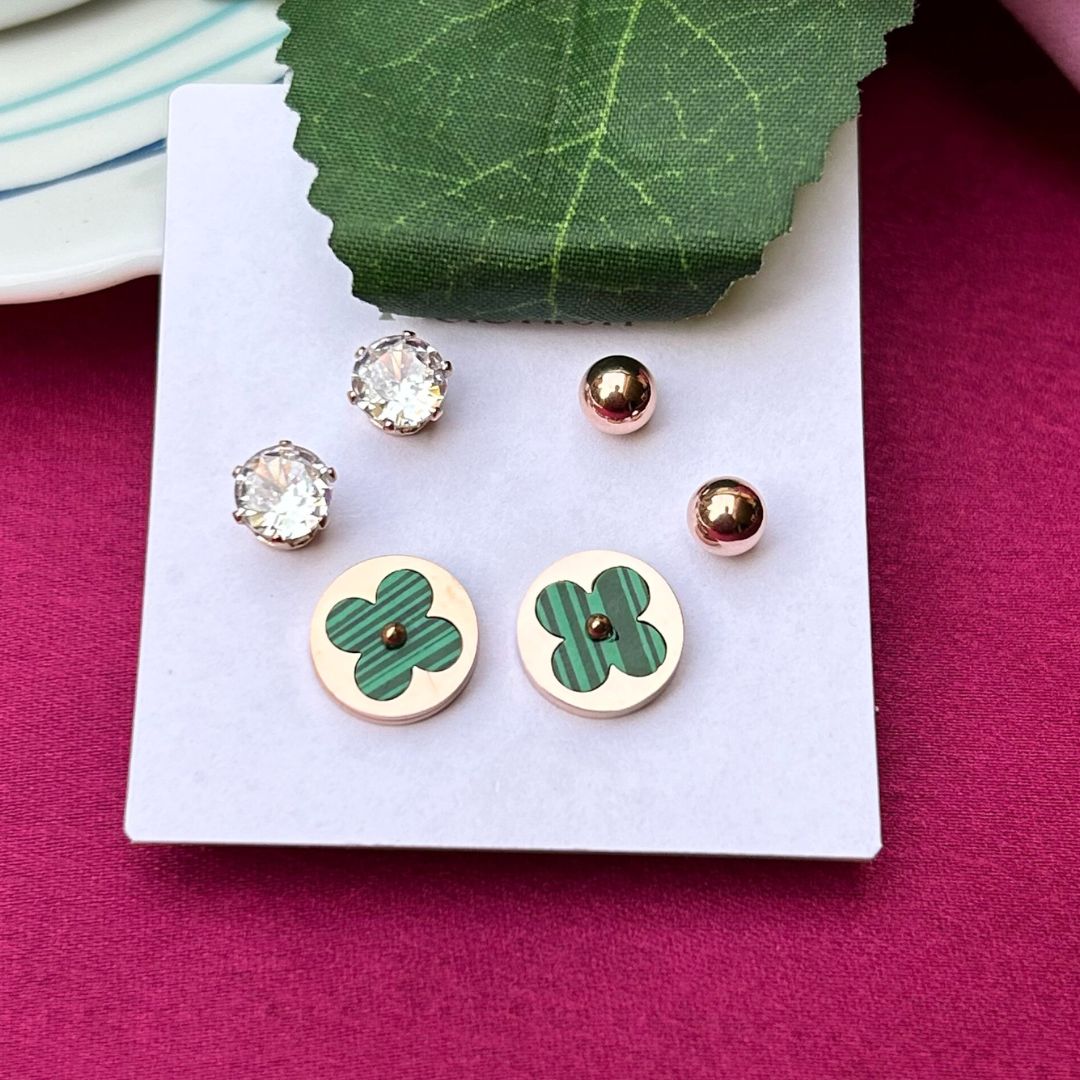 Set Of 3 Floral Green Studs