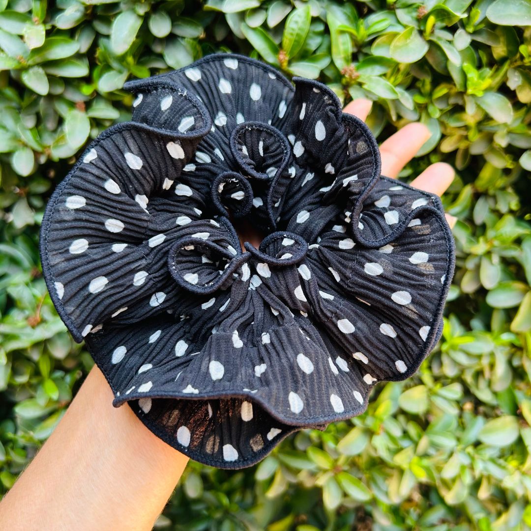 Polka Dot Pleated Black Oversized Scrunchie