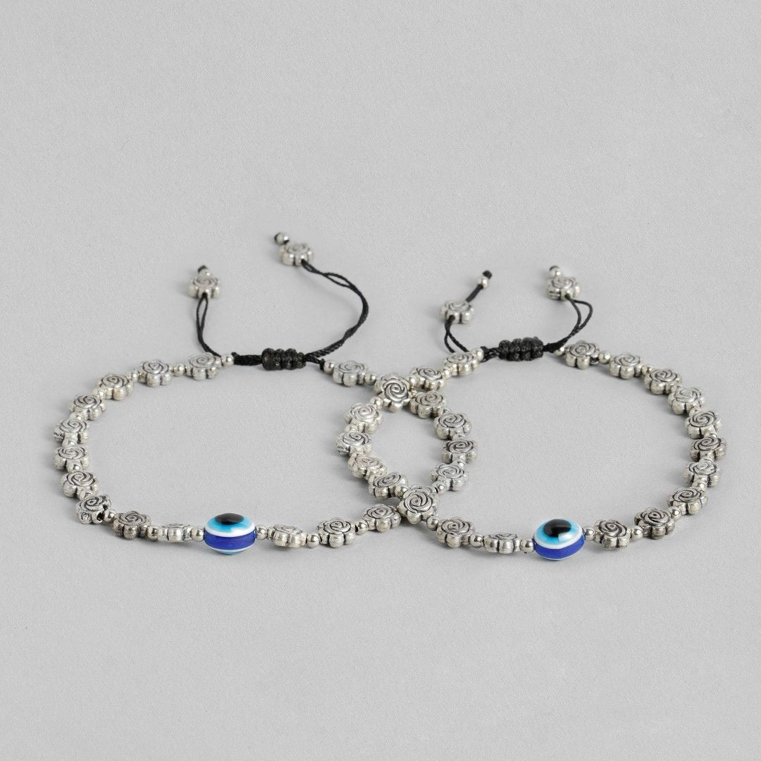 LAIDA Set of 2 German Silver Silver-Plated Oxidised Evil Eye Anklet