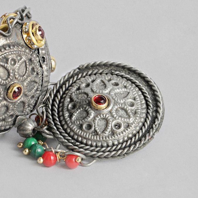 Silver-Plated Oxidised Dome Shaped Jhumkas Earrings