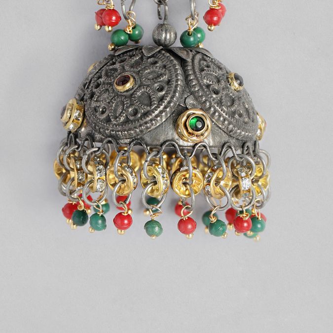 Silver-Plated Oxidised Dome Shaped Jhumkas Earrings