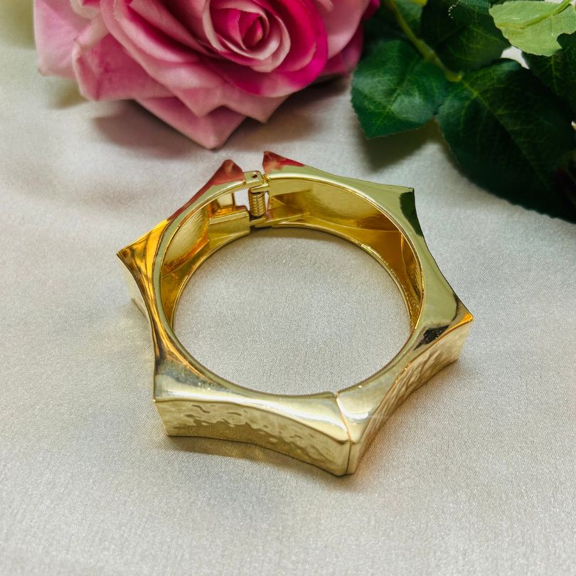 Hexagon Rough Narrow Golden Openable Kada/Cuff