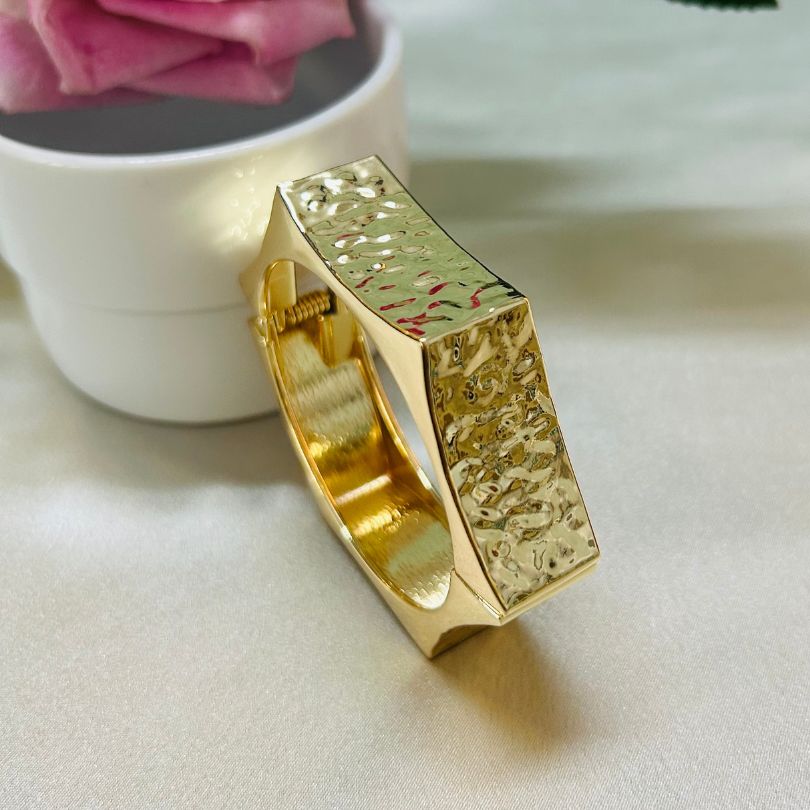 Hexagon Rough Narrow Golden Openable Kada/Cuff