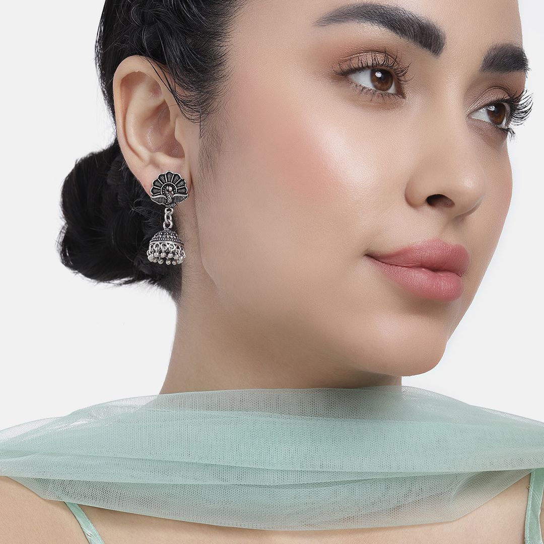 Silver-Plated Oxidised Classic Jhumkas Earrings