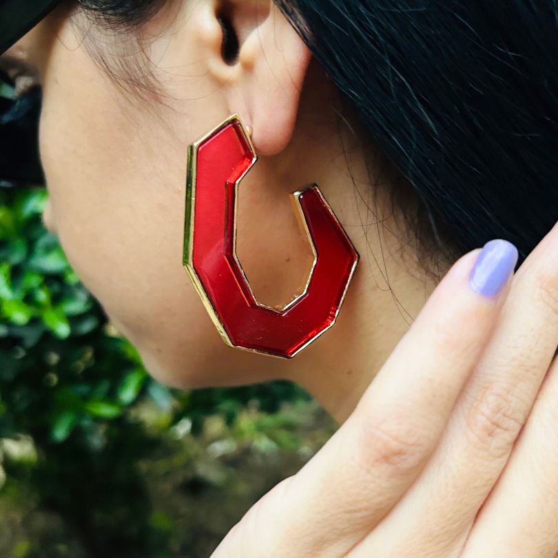 Enamel Red Structured Hoop Earrings