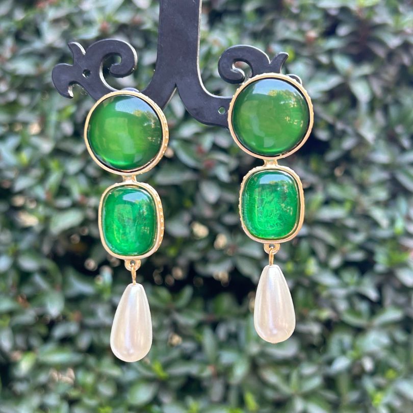 Round Square Green Layered Earrings