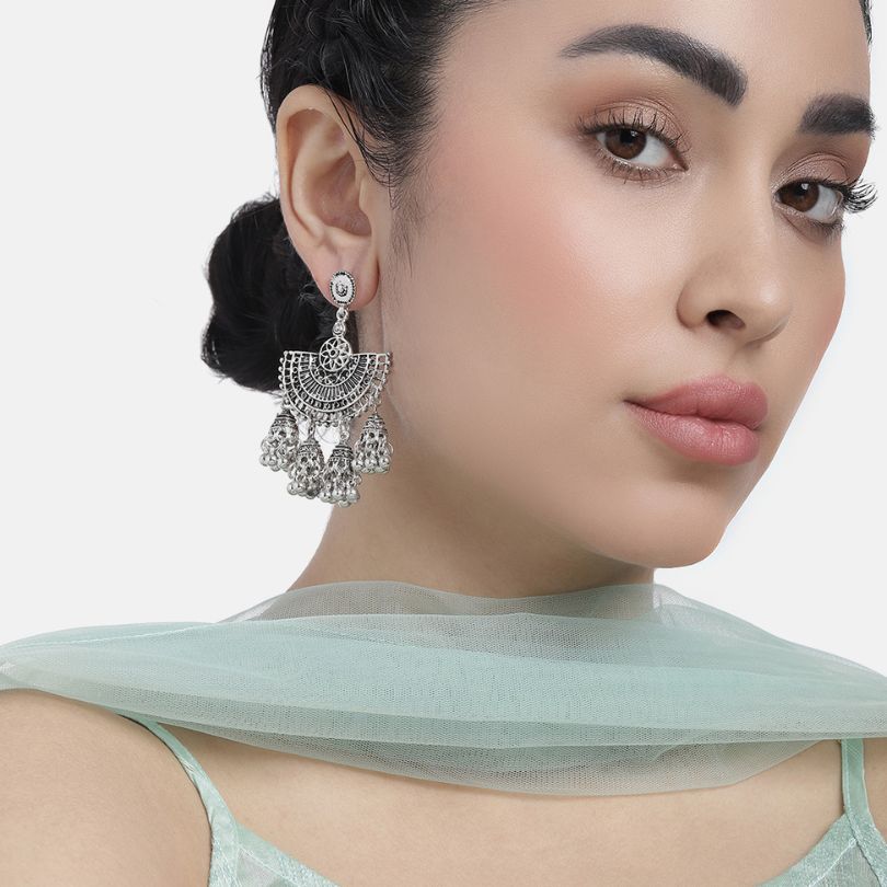 Silver-Plated Oxidised Classic Jhumkas Earrings