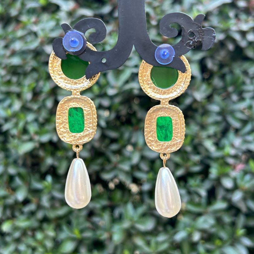 Round Square Green Layered Earrings
