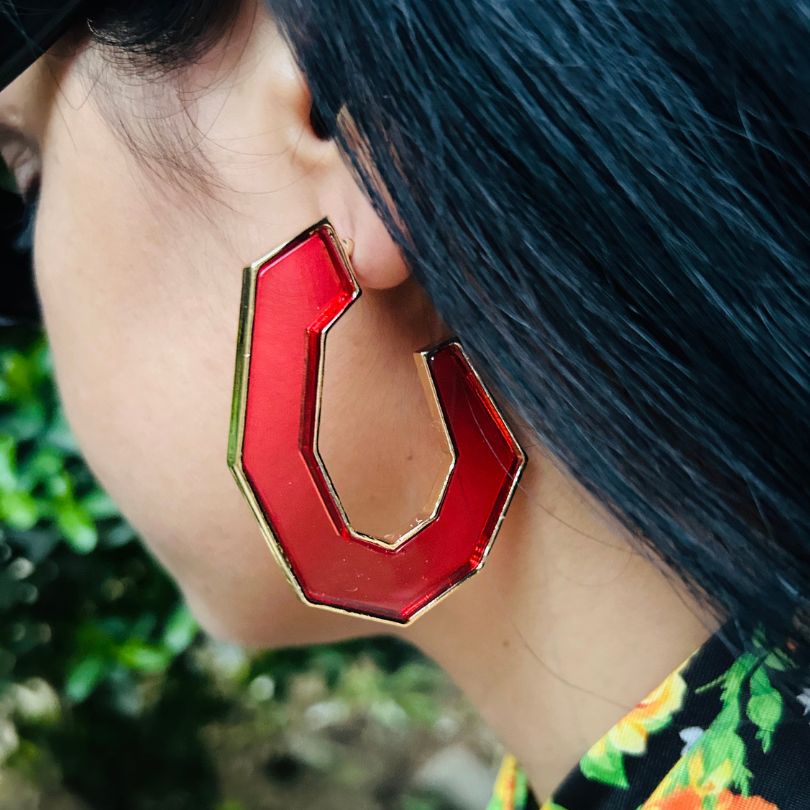 Enamel Red Structured Hoop Earrings