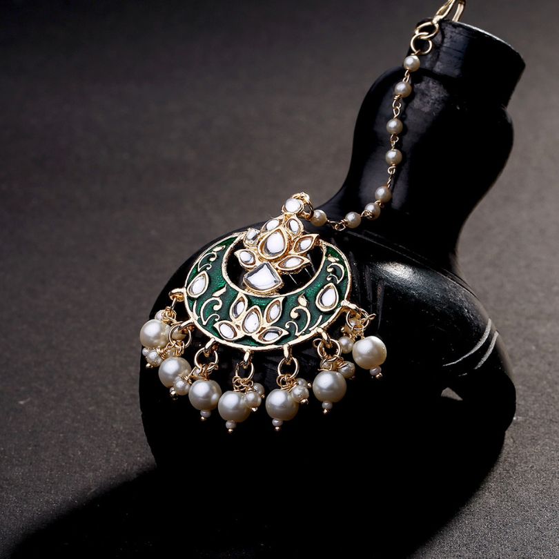 Laida Green Gold Plated Kundan Studded Chand Style Maangtikka