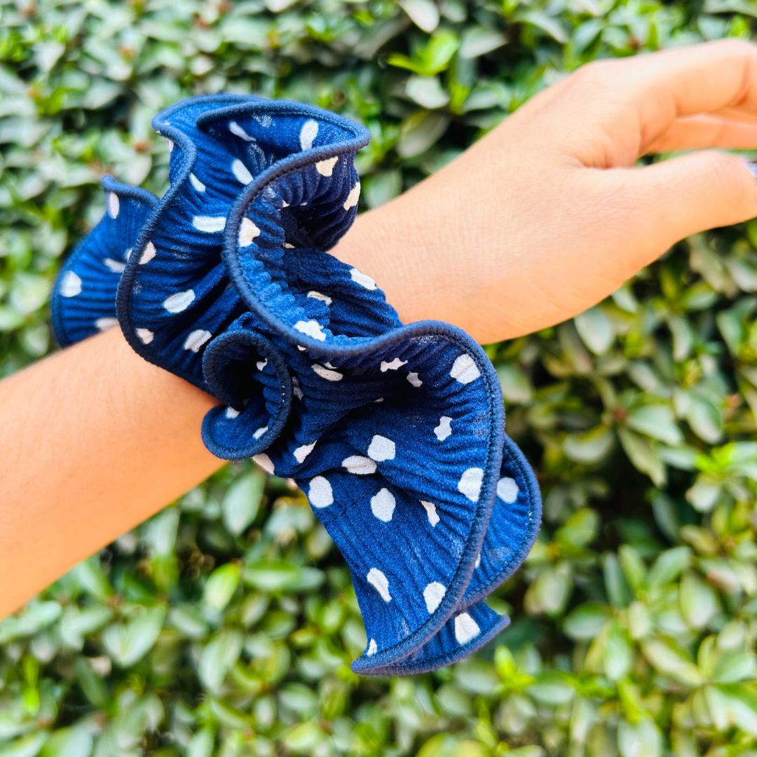 Polka Dot Pleated Blue Oversized Scrunchie