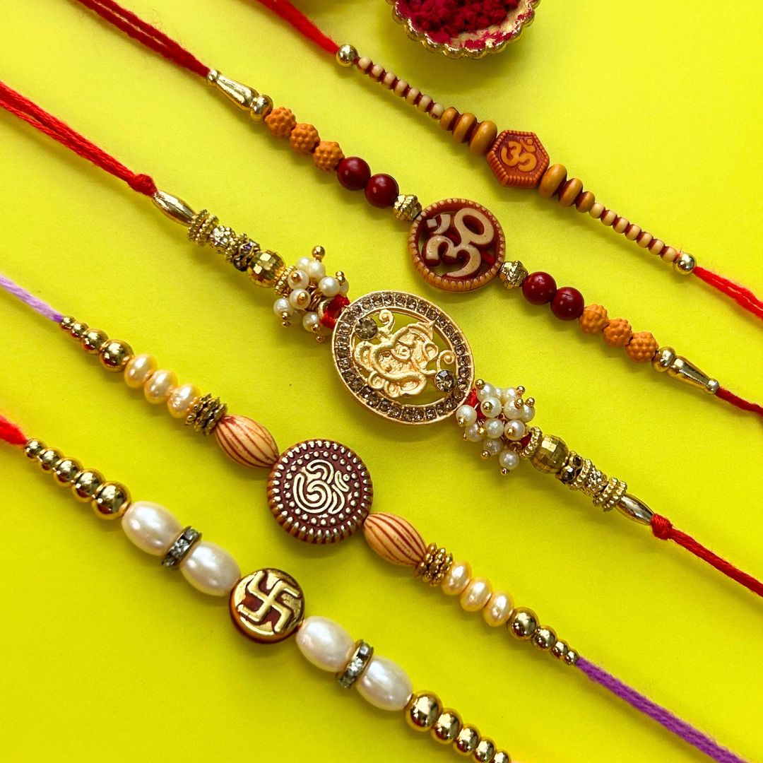 Set of 5 Rakhis - Ganesh Swastik and Om Rakhis