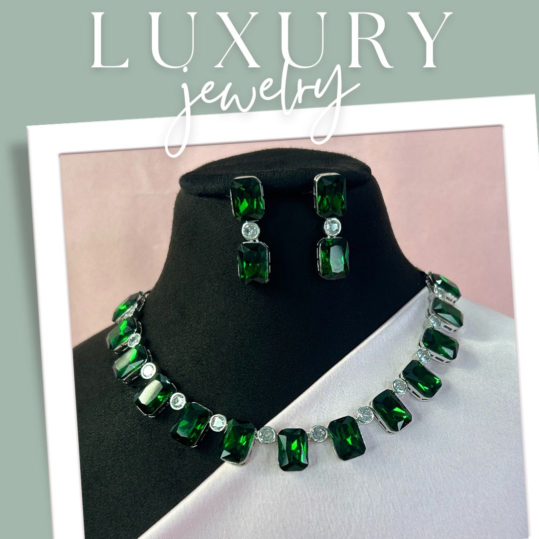 Statement Emerald Green American Diamond Necklace Set