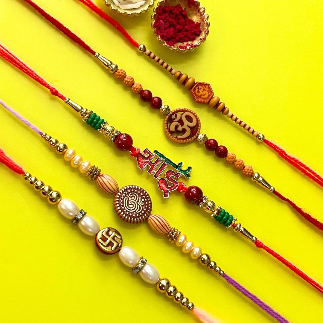 Set of 5 Rakhis - Om Swastik and Bhai Rakhi