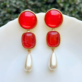Round Square Red Layered Earrings