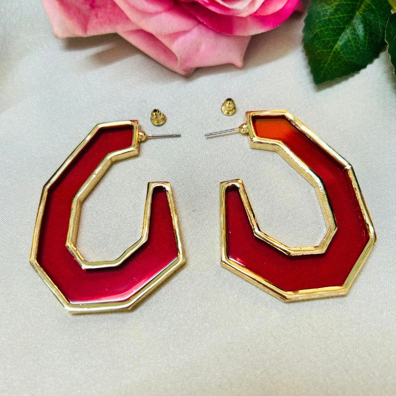 Enamel Red Structured Hoop Earrings